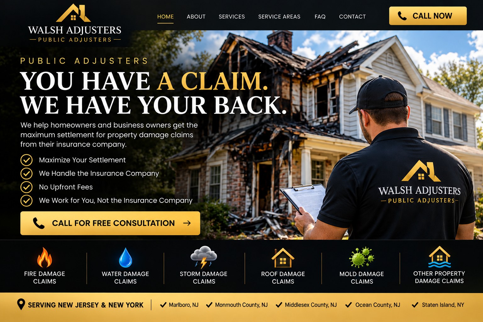 Walsh Adjusters public adjuster inspecting a fire-damaged house; fire, water, storm and property damage claim services